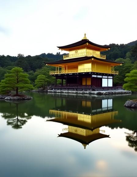 The golden pavilion of Kinkaku-ji temple reflected in the water.